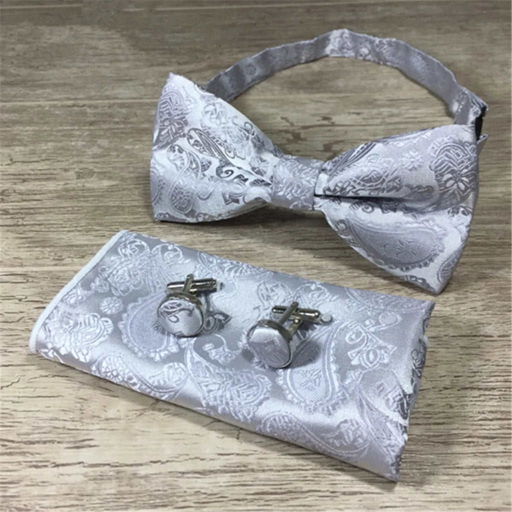 Paisley Floral Men Woven Silk Wedding Self Bow Tie Handkerchief Set and Cufflink