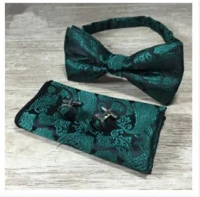 Paisley Floral Men Woven Silk Wedding Self Bow Tie Handkerchief Set and Cufflink