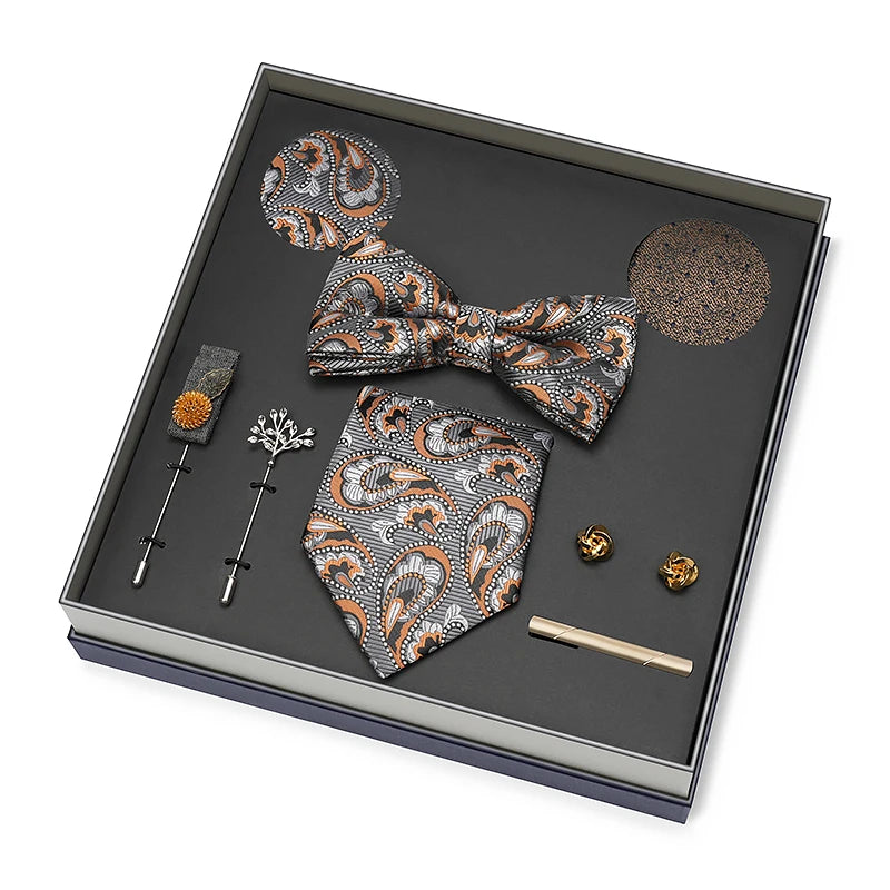 Hot Selling Luxury Men Silk Paisley Gold Necktie Bow Tie Cufflink and Handkerchief Gift Set With Gift Box