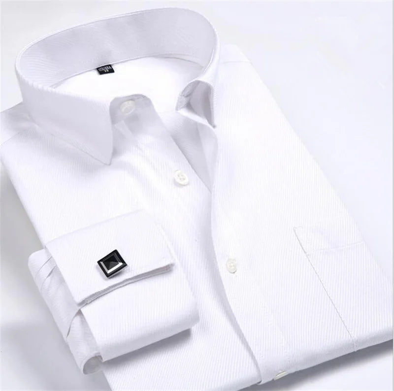 Men's Korean Style Polyester Cotton Slim Fit Business Formal Shirt Single Breasted Anti-Pilling French Cufflinks Hidden Buttons