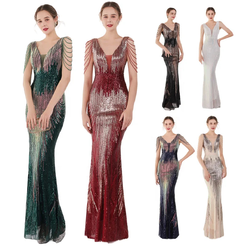 19127# Luxury Gowns for Women Evening Dresses Gradient Sequin V-neck Sleeveless Slim Mermaid Wedding Dress Ceremony Prom Dresses