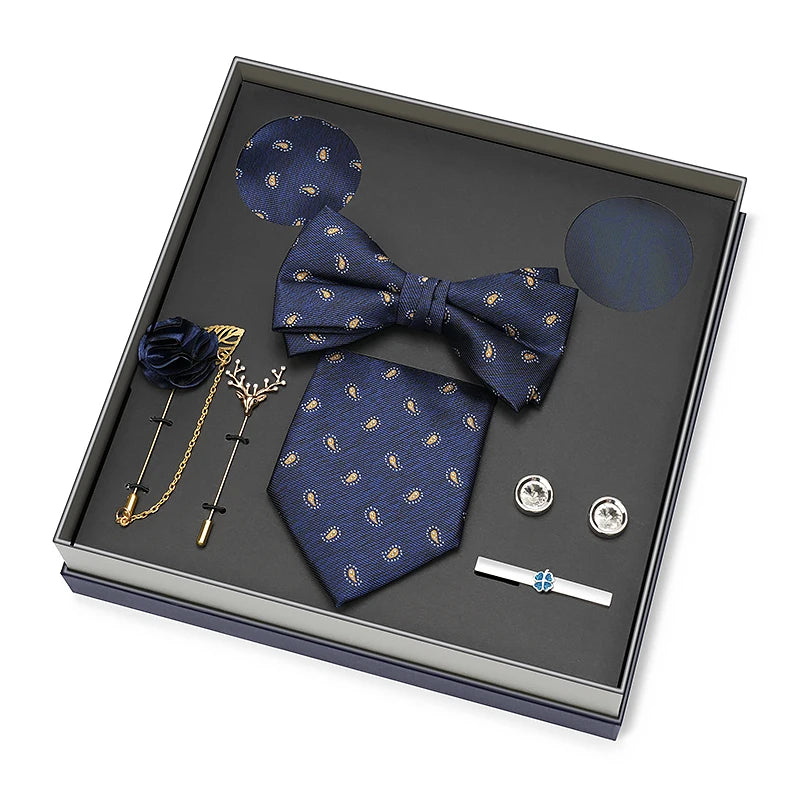 Hot Selling Luxury Men Silk Paisley Gold Necktie Bow Tie Cufflink and Handkerchief Gift Set With Gift Box