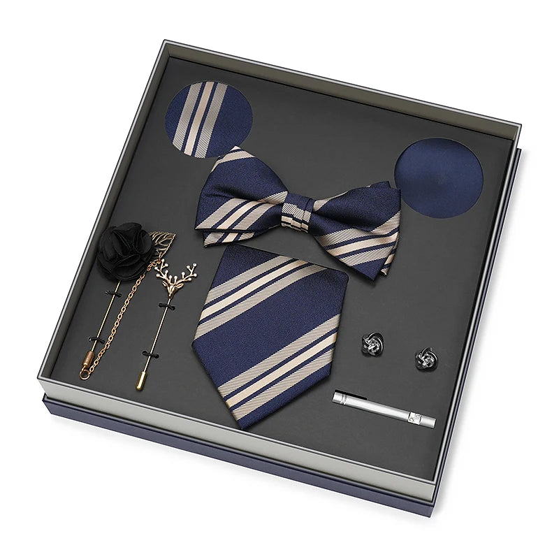 Hot Selling Luxury Men Silk Paisley Gold Necktie Bow Tie Cufflink and Handkerchief Gift Set With Gift Box