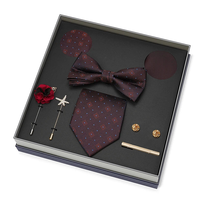 Hot Selling Luxury Men Silk Paisley Gold Necktie Bow Tie Cufflink and Handkerchief Gift Set With Gift Box