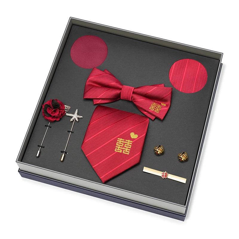 Hot Selling Luxury Men Silk Paisley Gold Necktie Bow Tie Cufflink and Handkerchief Gift Set With Gift Box