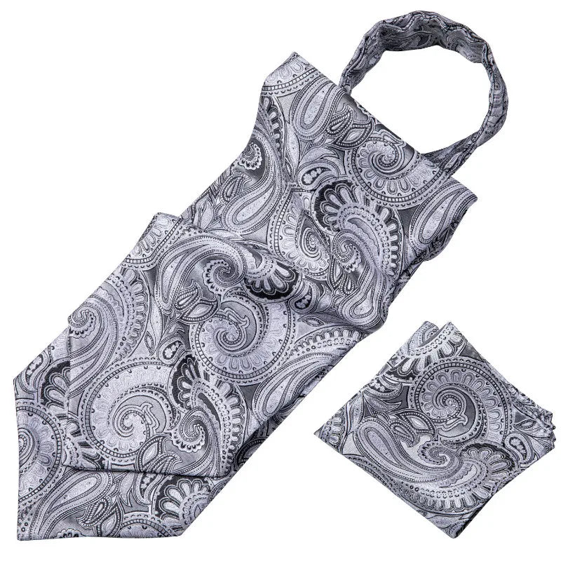Free Shipping Men's Ascot Cravat Red Black Paisley Jacquard Hankie Cufflinks Tie Set