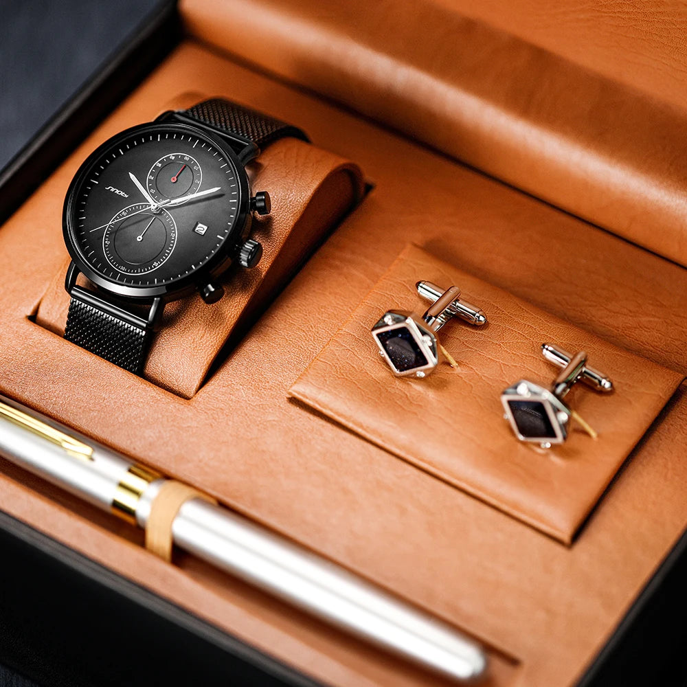 SINOBI Wholesale Exquisite Quality Watch Gift Business Gift Cufflinks Fountain Pen Suit  Quartz Men's Watches Set