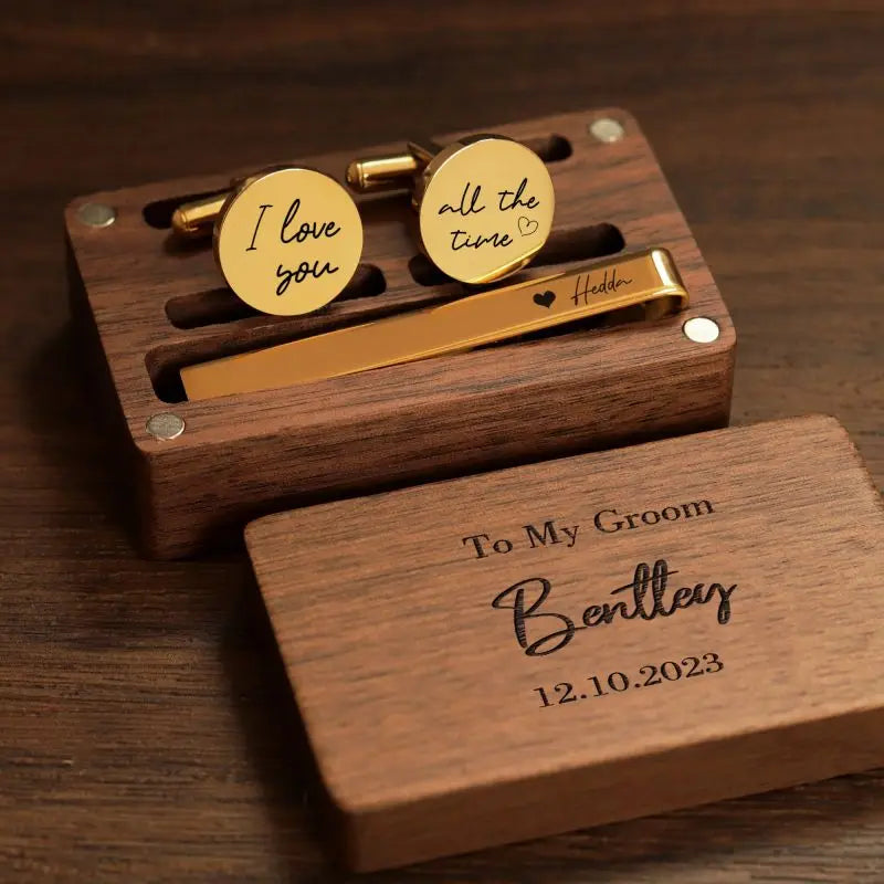 Personalized Name Cufflinks in Wooden Box Groomsmen Gifts and Bachelor Party Gift for Dad for Wedding or Engagement