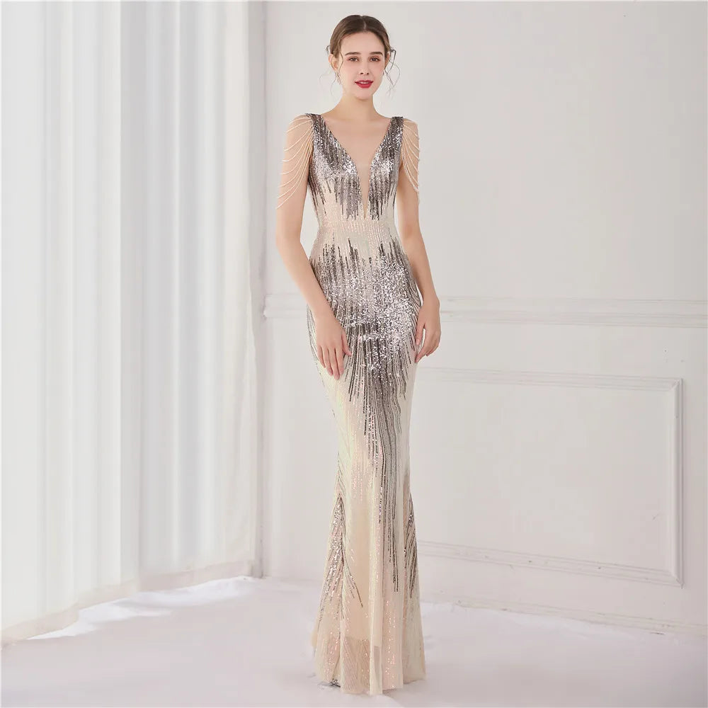 19127# Luxury Gowns for Women Evening Dresses Gradient Sequin V-neck Sleeveless Slim Mermaid Wedding Dress Ceremony Prom Dresses