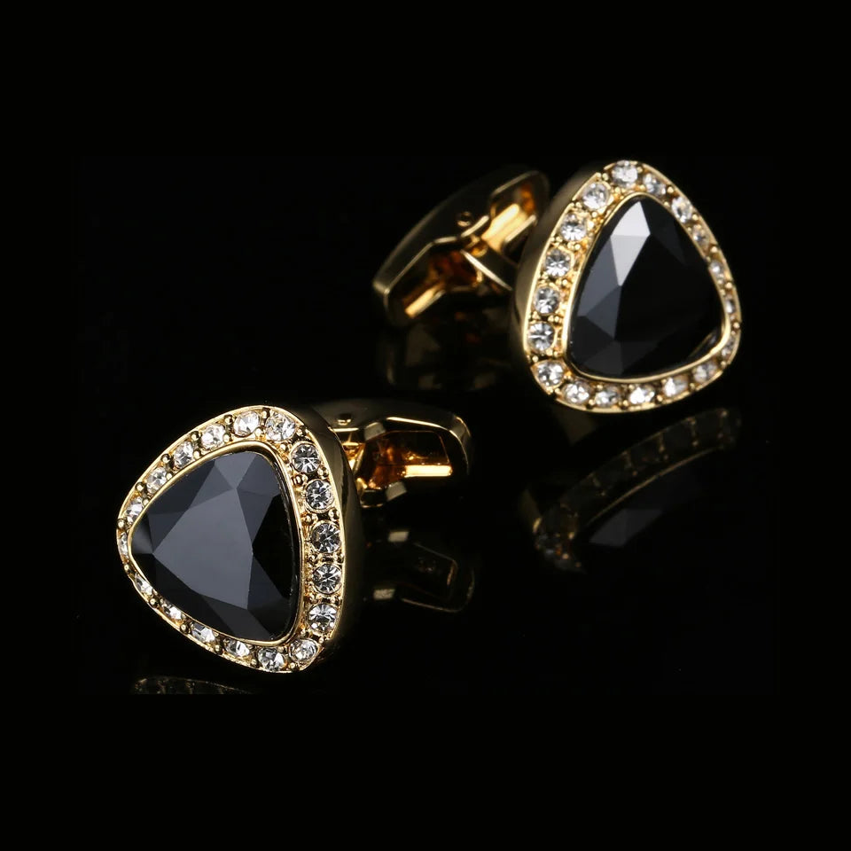 Golden Brass Black Crystal Rhinestone Cufflinks Triangle Diamonds Suits Accessories Cufflinks