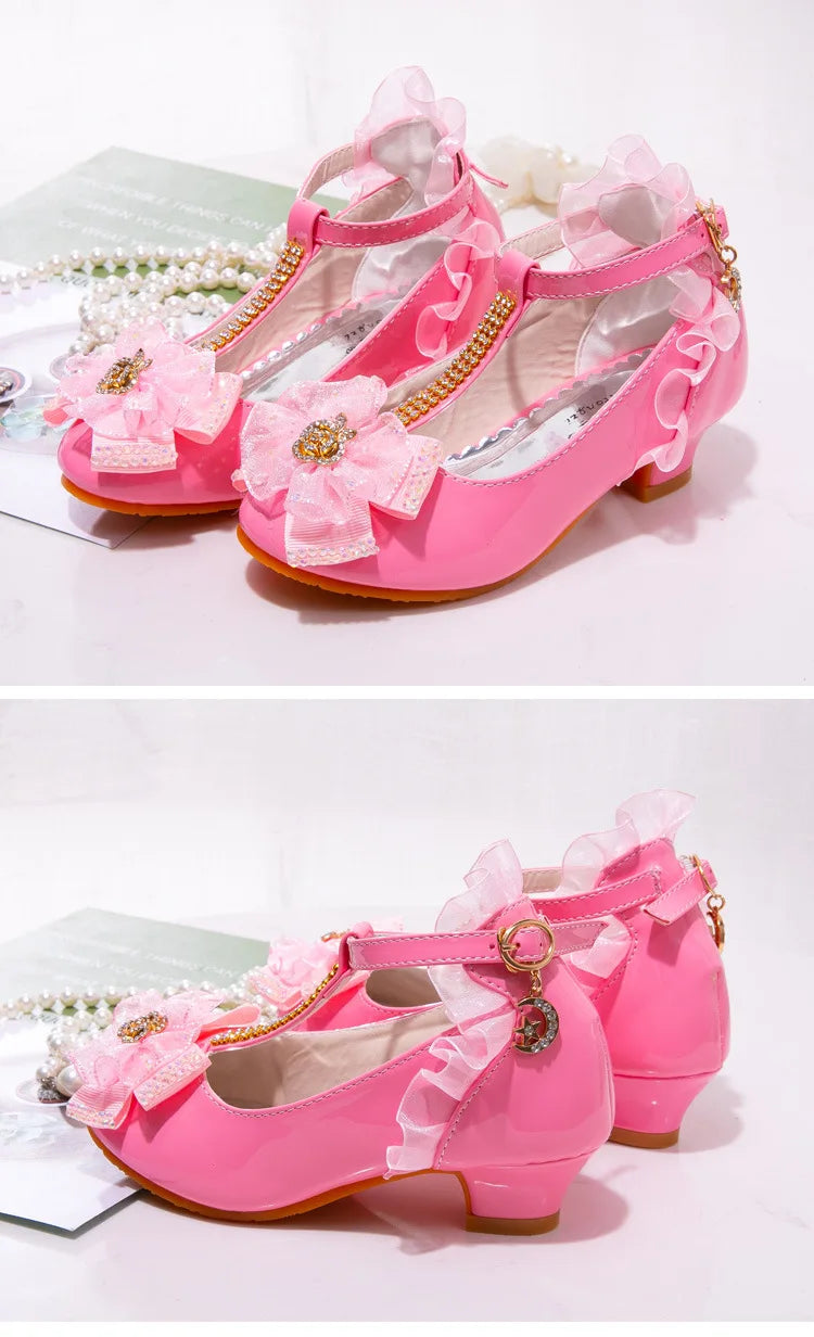Prinsessen School Shoes Fashion Kids Flower Crystal Girls Shoes for Party and Wedding Children'S Leather Shoes Dance High-Heeled