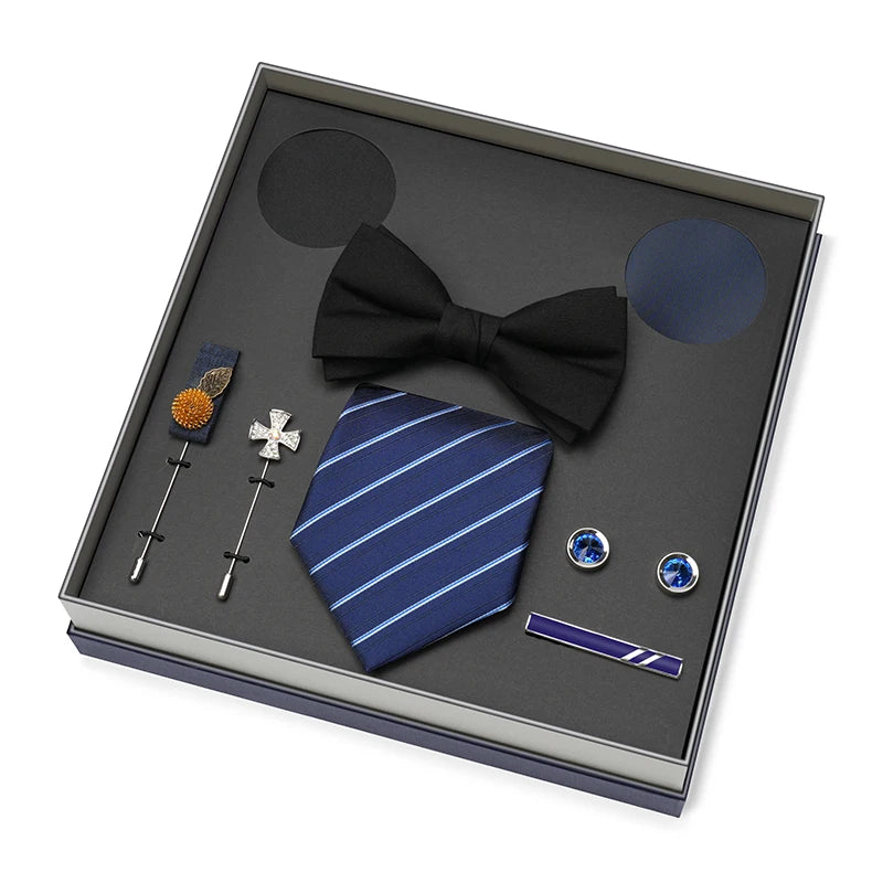 Hot Selling Luxury Men Silk Paisley Gold Necktie Bow Tie Cufflink and Handkerchief Gift Set With Gift Box