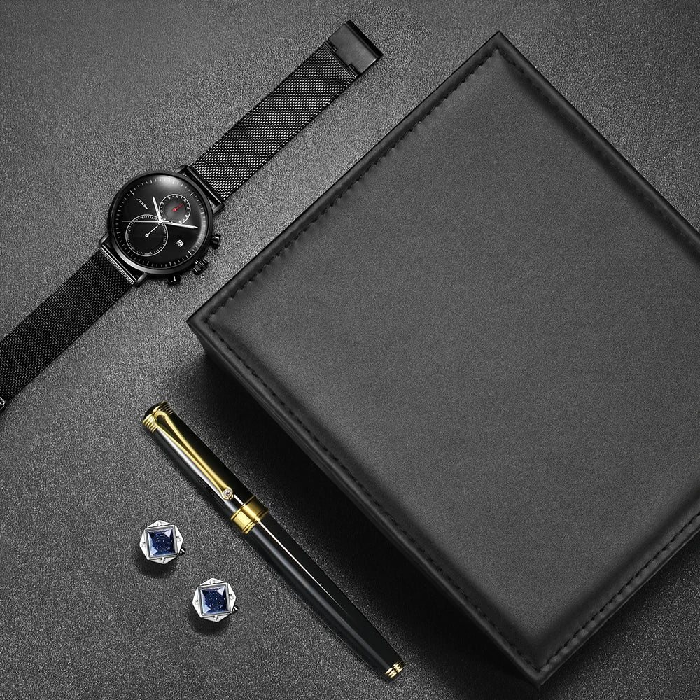 SINOBI Wholesale Exquisite Quality Watch Gift Business Gift Cufflinks Fountain Pen Suit  Quartz Men's Watches Set