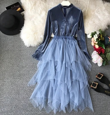 Harajuku Style Velvet Mesh Patchwork Elegant Women Spring Dress Korean Sweet Young Girls Dresses Club Party Wear