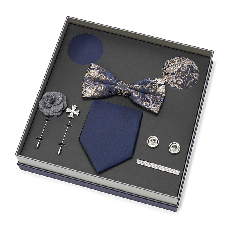 Hot Selling Luxury Men Silk Paisley Gold Necktie Bow Tie Cufflink and Handkerchief Gift Set With Gift Box