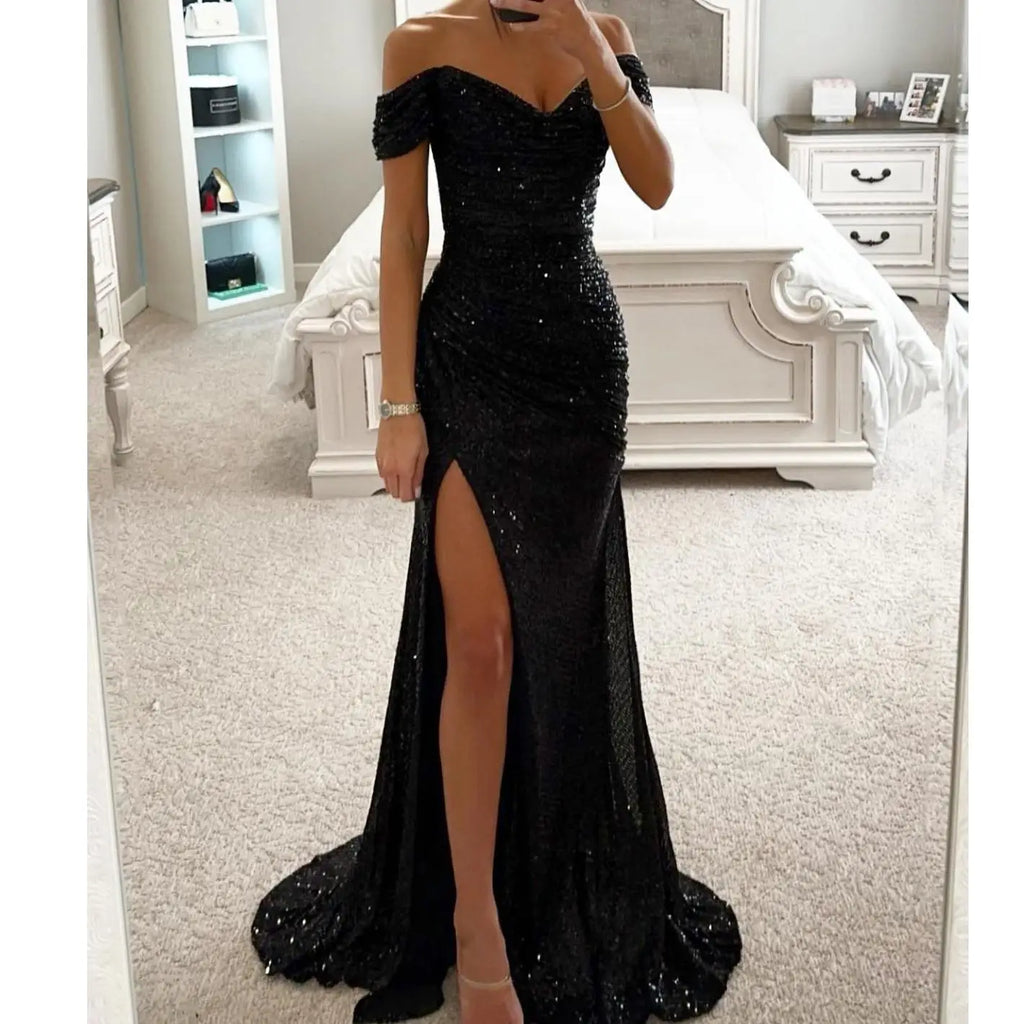 S-XL Women Mermaid Evening Maxi Dresses  Elegant Off-Shoulder Sequin Split Formal Prom Dresses for Party Customized