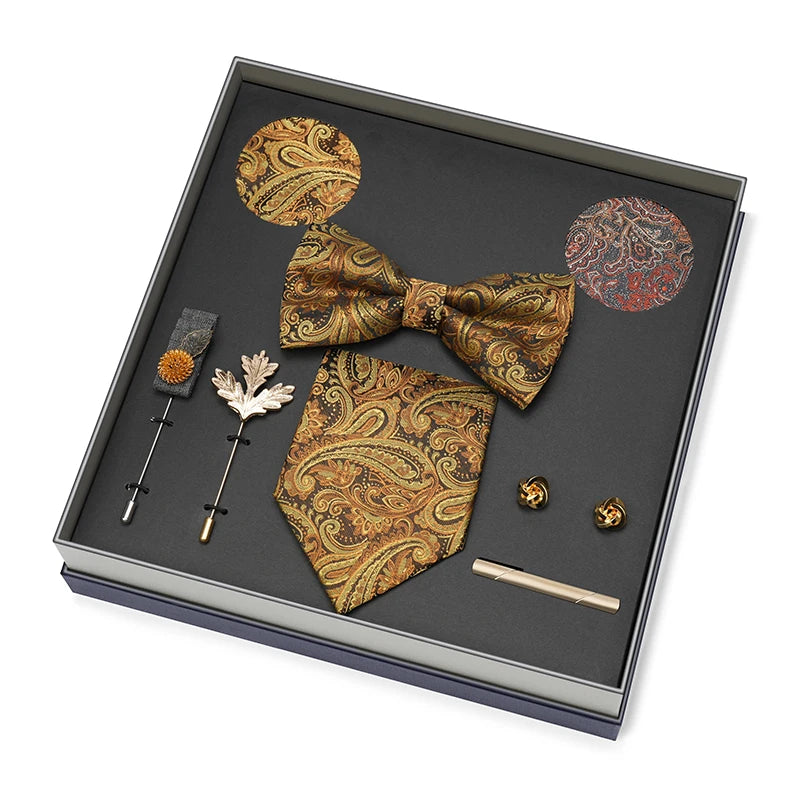 Hot Selling Luxury Men Silk Paisley Gold Necktie Bow Tie Cufflink and Handkerchief Gift Set With Gift Box
