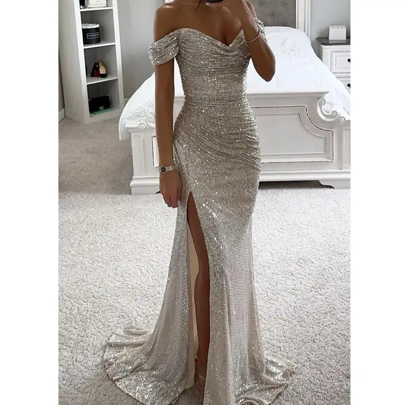 S-XL Women Mermaid Evening Maxi Dresses  Elegant Off-Shoulder Sequin Split Formal Prom Dresses for Party Customized