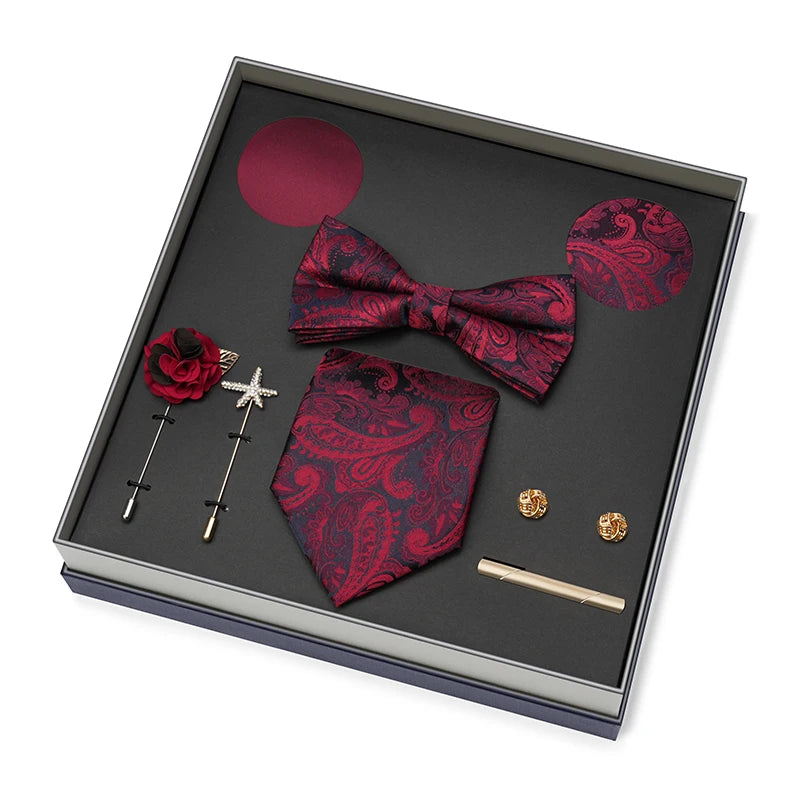 Hot Selling Luxury Men Silk Paisley Gold Necktie Bow Tie Cufflink and Handkerchief Gift Set With Gift Box