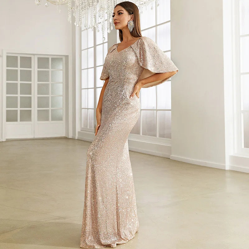 Long Style Sequin V-neck Package Buttocks Maxi Mermaid Evening Prom Dresses