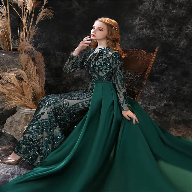2023 Evening Dresses Hot Sale Africa Women Stain Detachable Tail Sequin Evening Dress Prom Long Sleeve Prom Dresses Sequins
