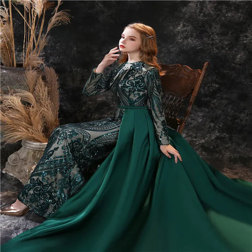 2023 Evening Dresses Hot Sale Africa Women Stain Detachable Tail Sequin Evening Dress Prom Long Sleeve Prom Dresses Sequins