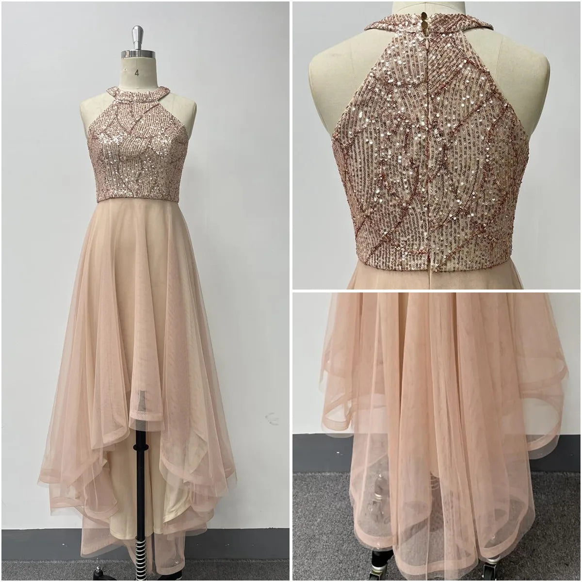 TW00128 Gowns for Women Evening Dresses Splice Multi Layer Mesh Sleeveless Halter Irregular Sequin Ball Gown Party Prom Dresses