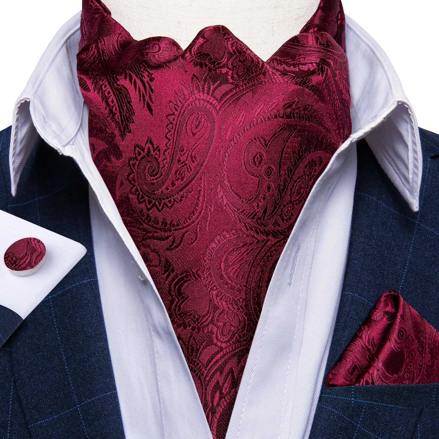 Free Shipping Men's Ascot Cravat Red Black Paisley Jacquard Hankie Cufflinks Tie Set