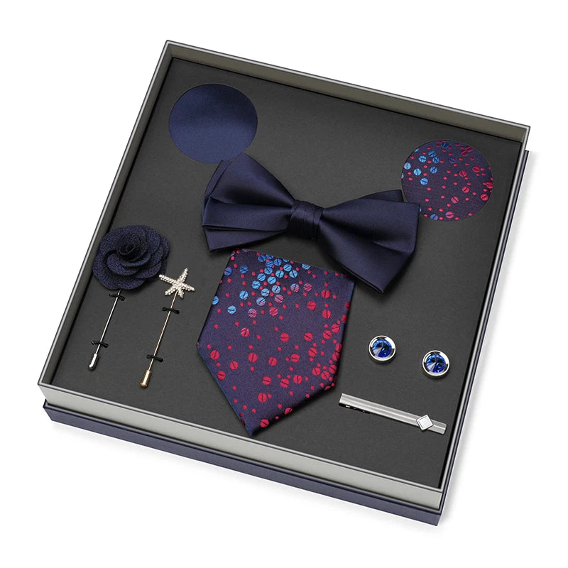 Hot Selling Luxury Men Silk Paisley Gold Necktie Bow Tie Cufflink and Handkerchief Gift Set With Gift Box