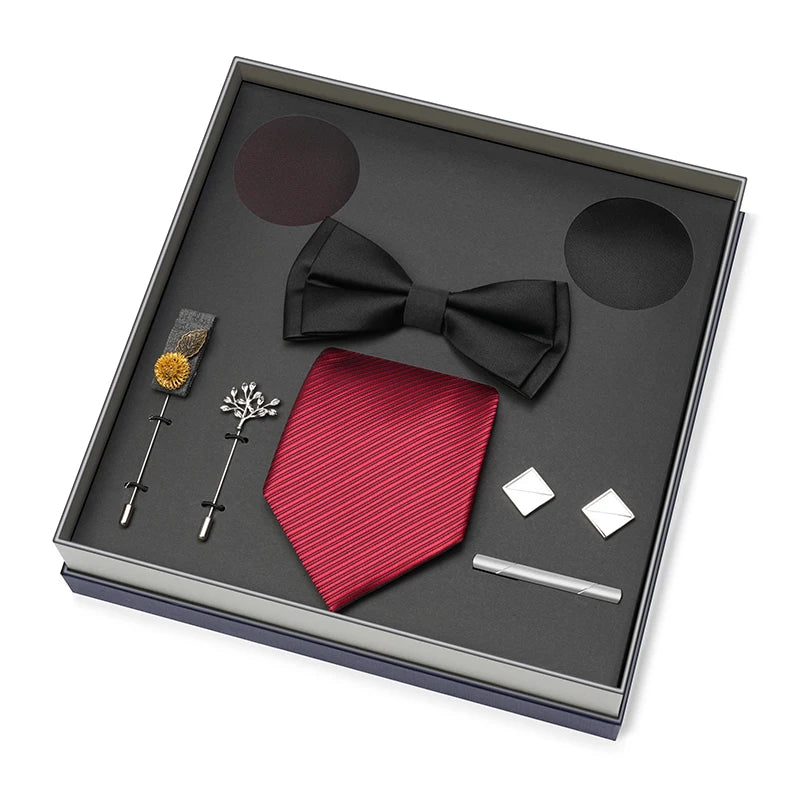 Hot Selling Luxury Men Silk Paisley Gold Necktie Bow Tie Cufflink and Handkerchief Gift Set With Gift Box