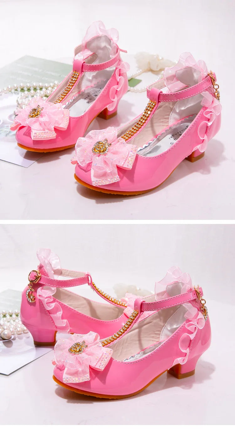 Prinsessen School Shoes Fashion Kids Flower Crystal Girls Shoes for Party and Wedding Children'S Leather Shoes Dance High-Heeled
