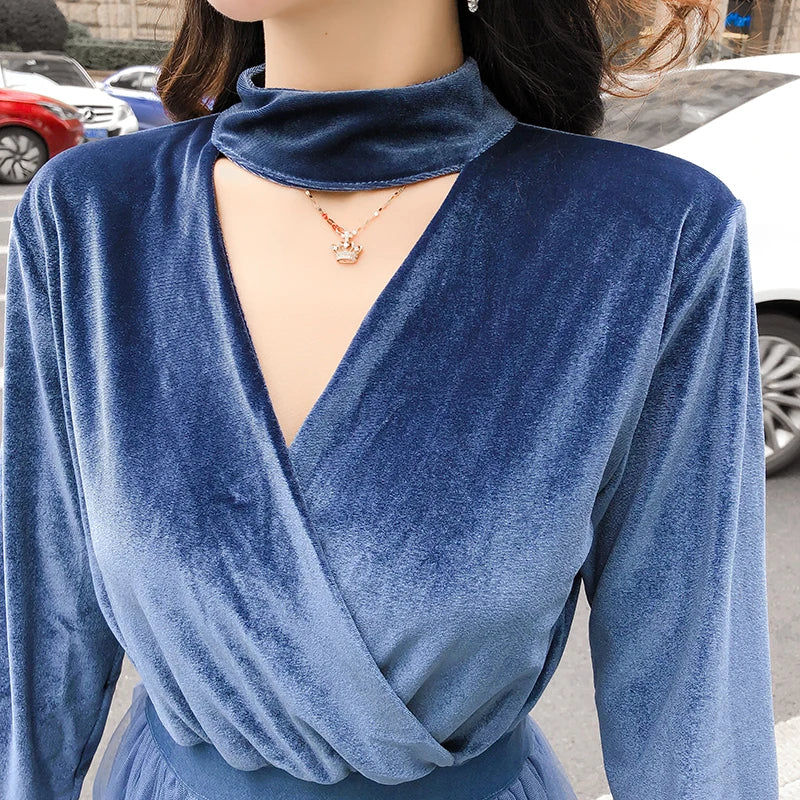 Harajuku Style Velvet Mesh Patchwork Elegant Women Spring Dress Korean Sweet Young Girls Dresses Club Party Wear