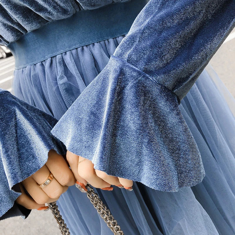 Harajuku Style Velvet Mesh Patchwork Elegant Women Spring Dress Korean Sweet Young Girls Dresses Club Party Wear