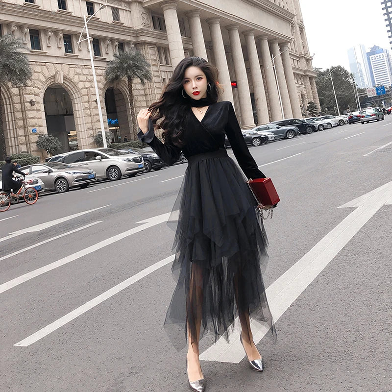 Harajuku Style Velvet Mesh Patchwork Elegant Women Spring Dress Korean Sweet Young Girls Dresses Club Party Wear