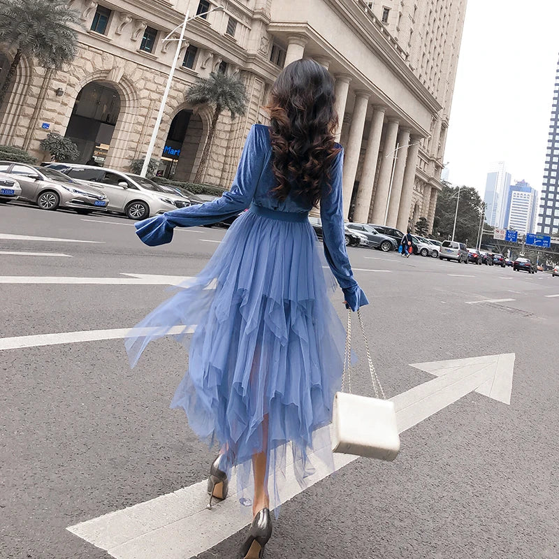Harajuku Style Velvet Mesh Patchwork Elegant Women Spring Dress Korean Sweet Young Girls Dresses Club Party Wear