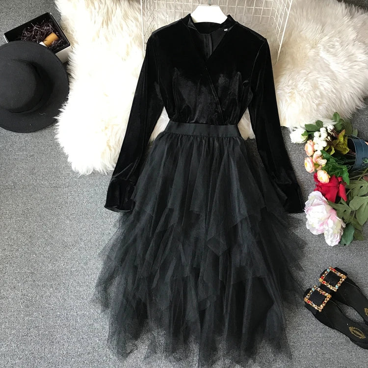 Harajuku Style Velvet Mesh Patchwork Elegant Women Spring Dress Korean Sweet Young Girls Dresses Club Party Wear