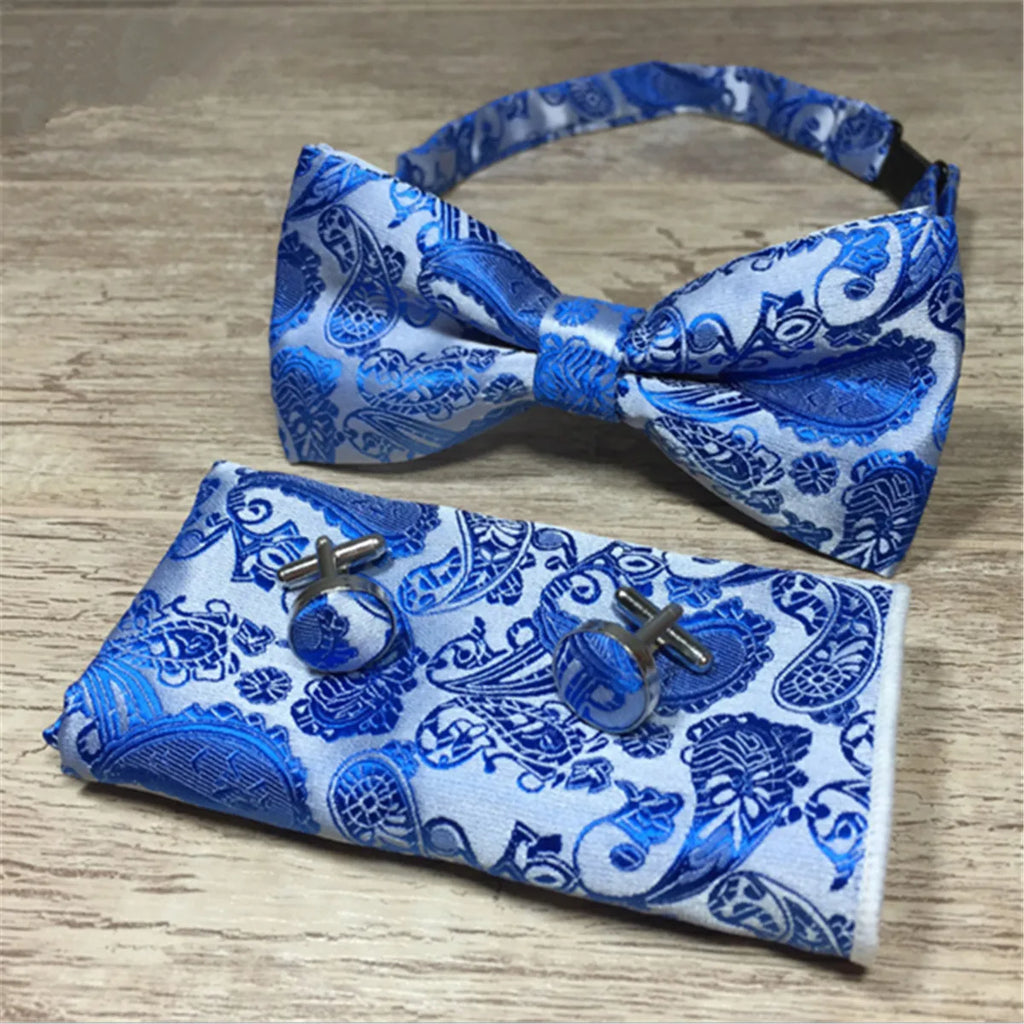 Paisley Floral Men Woven Silk Wedding Self Bow Tie Handkerchief Set and Cufflink