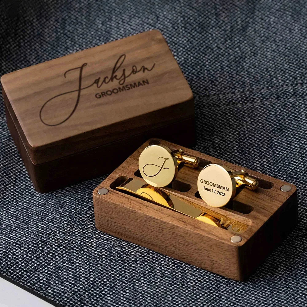 Personalized Name Cufflinks in Wooden Box Groomsmen Gifts and Bachelor Party Gift for Dad for Wedding or Engagement