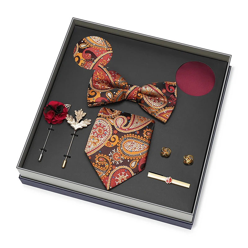 Hot Selling Luxury Men Silk Paisley Gold Necktie Bow Tie Cufflink and Handkerchief Gift Set With Gift Box