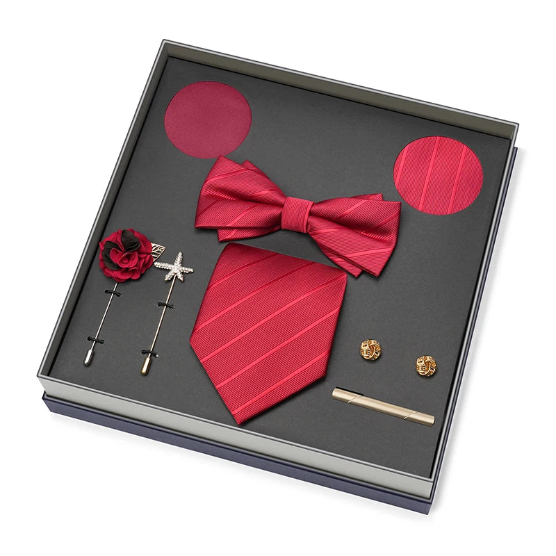 Hot Selling Luxury Men Silk Paisley Gold Necktie Bow Tie Cufflink and Handkerchief Gift Set With Gift Box