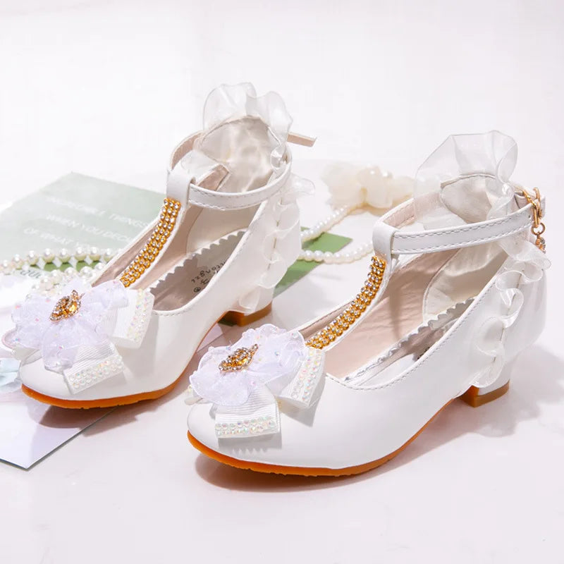 Prinsessen School Shoes Fashion Kids Flower Crystal Girls Shoes for Party and Wedding Children'S Leather Shoes Dance High-Heeled