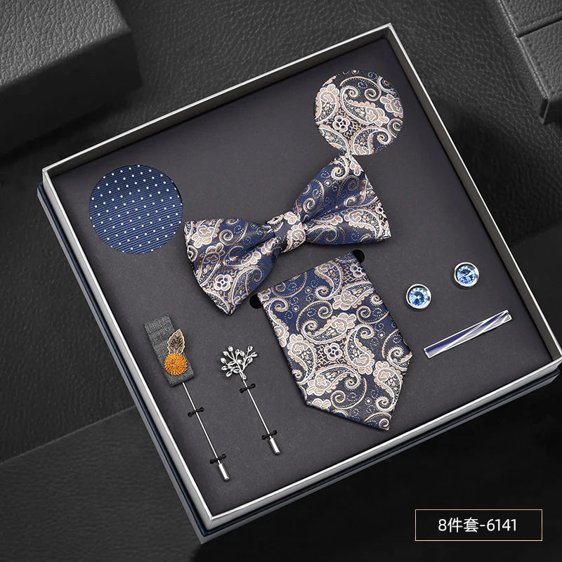 Hot Selling Luxury Men Silk Paisley Gold Necktie Bow Tie Cufflink and Handkerchief Gift Set With Gift Box