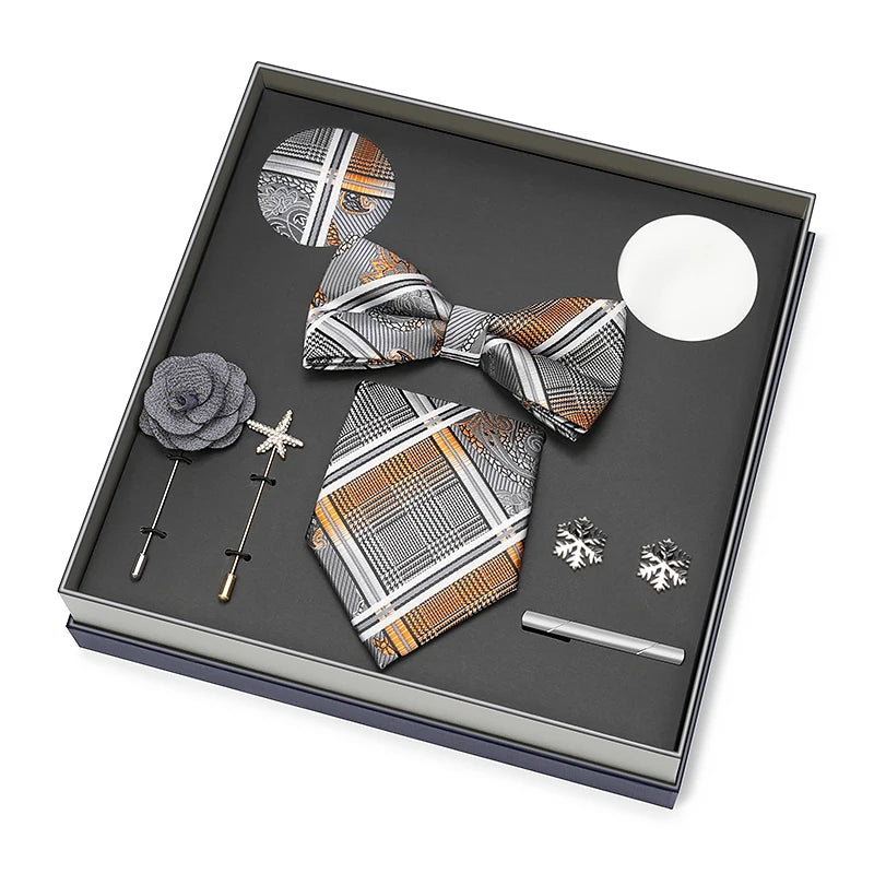 Hot Selling Luxury Men Silk Paisley Gold Necktie Bow Tie Cufflink and Handkerchief Gift Set With Gift Box