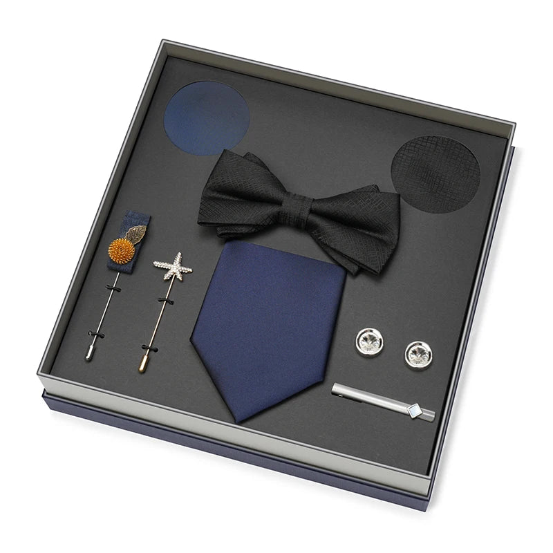 Hot Selling Luxury Men Silk Paisley Gold Necktie Bow Tie Cufflink and Handkerchief Gift Set With Gift Box
