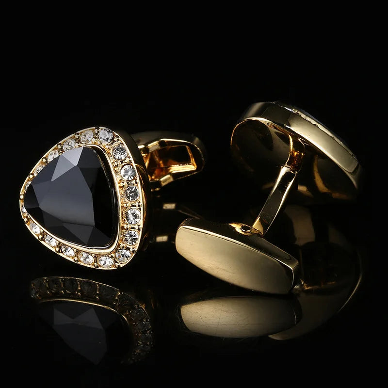 Golden Brass Black Crystal Rhinestone Cufflinks Triangle Diamonds Suits Accessories Cufflinks