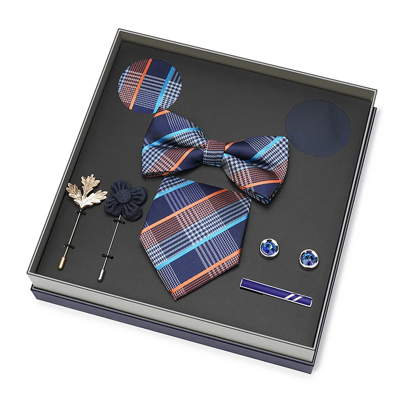 Hot Selling Luxury Men Silk Paisley Gold Necktie Bow Tie Cufflink and Handkerchief Gift Set With Gift Box