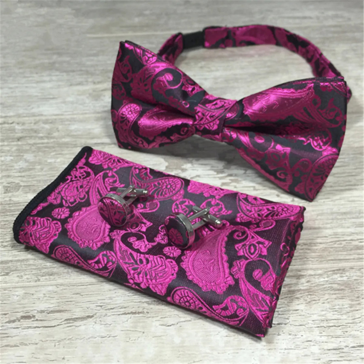 Paisley Floral Men Woven Silk Wedding Self Bow Tie Handkerchief Set and Cufflink