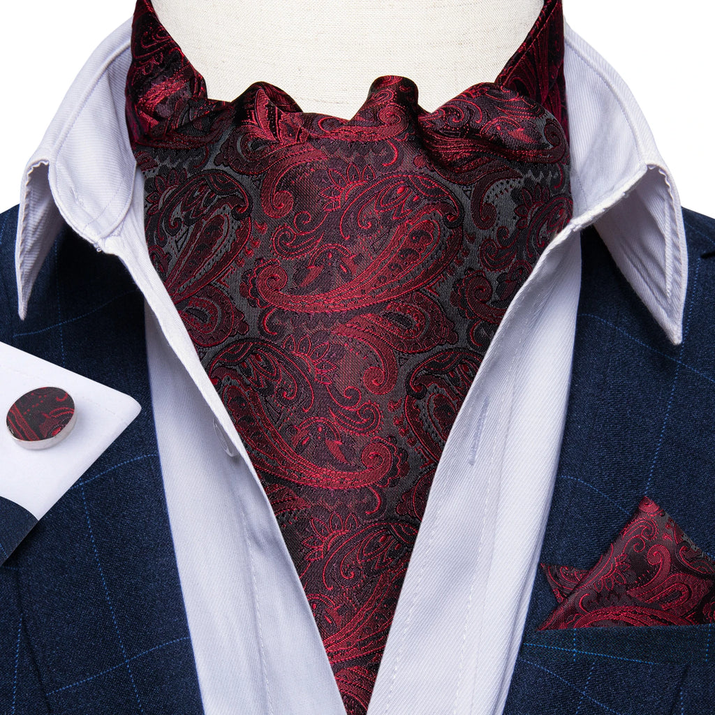 Free Shipping Men's Ascot Cravat Red Black Paisley Jacquard Hankie Cufflinks Tie Set