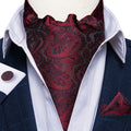 Free Shipping Men's Ascot Cravat Red Black Paisley Jacquard Hankie Cufflinks Tie Set