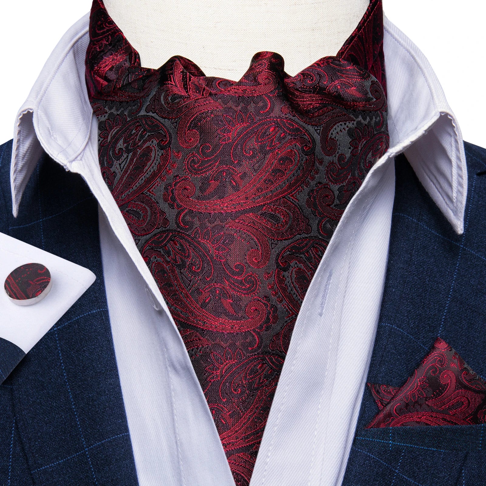 Free Shipping Men's Ascot Cravat Red Black Paisley Jacquard Hankie Cufflinks Tie Set